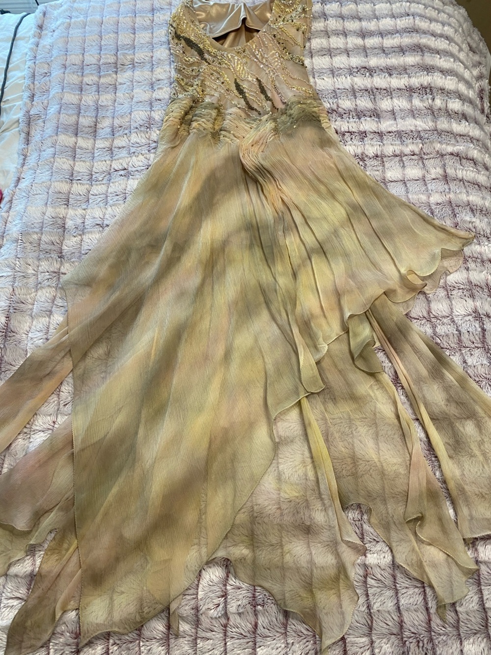 Sue Wong Beaded High-Low Flowy Silk Gown in Yellowish Green Champagne Hues - Picture 2 of 12